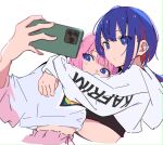  2girls arms_around_neck atenaba blue_eyes blue_hair cellphone closed_mouth colored_inner_hair cropped_hoodie hand_on_another&#039;s_shoulder highres holding holding_phone hood hood_down hoodie hug kaf_(kamitsubaki_studio) kamitsubaki_studio midriff multicolored_clothes multicolored_hair multicolored_hoodie multiple_girls pants phone pink_hair pink_hoodie pink_pants red_hair rim_(kamitsubaki_studio) selfie simple_background smartphone taking_picture white_background white_hoodie yellow_pupils yuri 