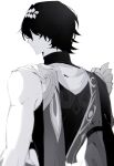  1boy closed_mouth dr._ratio_(honkai:_star_rail) from_behind greyscale hair_ornament highres honkai:_star_rail honkai_(series) male_focus monochrome shirt short_hair simple_background sleeveless sleeveless_shirt solo tofu_ta upper_body 