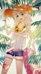  1girl :d absurdres belt blue_eyes collarbone commentary cowboy_shot denim denim_shorts flower hat highres holding holding_swim_ring honkai_(series) honkai_impact_3rd innertube long_hair looking_at_viewer navel open_mouth outdoors palm_leaf see-through shorts smile solo starfish stomach straw_hat sunflower swim_ring symbol-only_commentary teeth theresa_apocalypse theresa_apocalypse_(valkyrie_pledge) upper_teeth_only white_hair xiaozi 