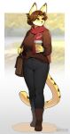 00niine 2024 anthro beverage big_breasts big_ears black_clothing boots bottomwear breasts brown_eyes brown_hair carrying_bag cheek_tuft clothed clothing coffee coffee_cup container cup digital_media_(artwork) facial_tuft felid feline felis female footwear fully_clothed fur hair hi_res holding_object huge_breasts looking_away mammal messenger_bag pants scarf serval short_hair simple_background smile solo spots steam sweater tail thick_thighs tied_hair topwear tuft yellow_body yellow_fur