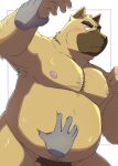2024 anthro armpit_hair belly blush bodily_fluids body_hair brown_body canid canine canis domestic_dog emufu hi_res humanoid_hands kemono male mammal moobs nipples overweight overweight_male pubes simple_background sweat