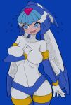  1girl absurdres android blue_eyes blush breasts buzzlyears covered_navel fairy_leviathan_(mega_man) forehead_jewel full-face_blush heavy_breathing helmet highres large_breasts looking_at_viewer mega_man_(series) mega_man_zero_(series) nervous solo tearing_up 