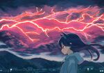  1girl animal_ears black_cloud black_hair cat_ears city_lights cloud cloudy_sky commentary_request expressionless floating_hair highres hood hoodie lightning long_hair looking_to_the_side mountain mountainous_horizon nerio_(neri_akira) original outdoors profile purple_sky rain red_lightning scenery sky solo standing twilight utility_pole wind 