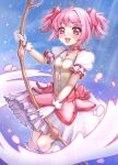  1girl absurdres bow bubble_skirt commentary dress gloves hair_ribbon heiwa_vt highres kaname_madoka magical_girl mahou_shoujo_madoka_magica open_mouth pink_hair ribbon self-upload short_hair skirt smile twintails 