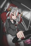  1girl absurdres bell black_hoodie bride_(brand) double_bun driving grey_hair grey_pants hair_bell hair_bun hair_ornament highres hololive hood hood_down hoodie horns looking_down multicolored_hair nakiri_ayame open_mouth pants red_eyes shirt sitting skin-covered_horns smile solo steering_wheel streaked_hair tassel tassel_hair_ornament vehicle_interior virtual_youtuber waju220 white_shirt 