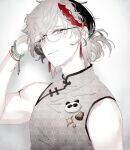  1boy alternate_costume alternate_hairstyle arknights bead_bracelet beads bespectacled black_hair bracelet braid braided_sidelock chinese_clothes commentary earrings elysium_(arknights) feather_hair futaba_(futaba_uc) glasses gradient_background grey_background grey_eyes hair_up highres jewelry lapel_pin looking_at_viewer male_focus multicolored_hair multiple_braids red_hair simple_background smile solo tassel tassel_earrings white_hair 
