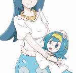  age_difference blue_eyes blue_hair blue_skirt freckles hairband hand_on_another's_head head_out_of_frame hug jewelry long_hair looking_at_viewer mother_and_daughter multiple_girls nagitaro necklace pokemon pokemon_(anime) pokemon_sm_(anime) shirt short_hair sketch skirt smile suiren's_mother_(pokemon) suiren_(pokemon) t-shirt white_shirt yellow_hairband 