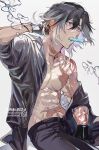  1boy abs absurdres air_bubble arm_at_side artist_name black_gloves black_hair black_male_underwear black_pants black_shirt bubble burn_scar ear_piercing fang food food_in_mouth gloves gradient_hair hair_between_eyes hand_up highres jikkyuu_mitsutada looking_ahead male_focus male_underwear mouth_hold multicolored_hair muscular muscular_male nipples off_shoulder open_clothes open_shirt pants partially_unbuttoned pectorals piercing popsicle popsicle_in_mouth purple_eyes scar scar_on_arm scar_on_cheek scar_on_chest scar_on_face scar_on_hip scar_on_neck scar_on_nose scar_on_shoulder scar_on_stomach shirt short_hair simple_background sitting solo sweat tandem touken_ranbu twitter_username two-tone_hair underwear white_background white_hair 