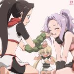  3girls arm_warmers asagao_(kunoichi_tsubaki_no_mune_no_uchi) black_hair blonde_hair blush chopsticks closed_eyes eating feeding highres kunoichi_tsubaki_no_mune_no_uchi long_hair miyahara_takuya multiple_girls ponytail purple_hair rice sazanka_(kunoichi_tsubaki_no_mune_no_uchi) tan tsubaki_(kunoichi_tsubaki_no_mune_no_uchi) twintails 