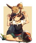 2019 5_fingers absurd_res ambiguous_gender barefoot black_clothing black_hair black_topwear brown_body brown_fur brown_tail clothed clothing collarbone driftingtiger eevee feet feral fingers fully_clothed fur generation_1_pokemon hair hi_res human larger_human mammal nintendo open_mouth open_smile pokemon pokemon_(species) size_difference smaller_ambiguous smaller_feral smile tail tongue topwear white_clothing white_topwear