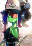  1girl absurdres bandaged_arm bandages baseball_cap blue_hair bra_strap colored_skin dedf1sh gradient_hair green_skin hair_over_one_eye hat headphones headphones_over_headwear highres long_hair multicolored_hair octoling off_shoulder ovfr_p red-tinted_eyewear red_hair sanitized_(splatoon) school_of_fish short_sleeves single_bare_shoulder solo splatoon_(series) splatoon_3 splatoon_3:_side_order suction_cups sunglasses tentacle_hair tinted_eyewear two-tone_hair 