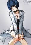  1girl bare_legs black_collar black_dress blue_hair bob_cut breasts cleavage closed_mouth collar collarbone dress grey_background head_tilt lab_coat long_sleeves mina_cream nail_polish persona persona_5 red_lips red_nails short_dress short_hair sitting small_breasts solo spiked_collar spikes takemi_tae 