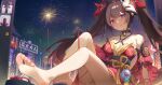  1girl :p arm_at_side arm_rest bare_shoulders barefoot black_gloves blush bow brown_hair building city closed_mouth dress feet fireworks floating_hair foreshortening fox_mask full_body gloves gradient_hair hair_bow highres hongshi_(13234456009) honkai:_star_rail honkai_(series) knees_up long_hair looking_at_viewer mask mask_on_head multicolored_hair night night_sky obi outdoors pink_eyes red_bow red_dress red_hair sash short_dress sitting sky sleeveless sleeveless_dress smile soles solo sparkle_(honkai:_star_rail) toes tongue tongue_out twintails very_long_hair 
