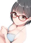  bangs breasts brown_eyes closed_mouth eyebrows_visible_through_hair eyes from_side grey_hair highres looking_at_viewer looking_to_the_side medium_breasts nekobaka original own_hands_together red-framed_eyewear short_hair simple_background smile solo squatting white_background 