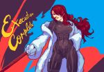  1girl black_bodysuit bodysuit breasts coat covered_navel fur_coat glaceo hair_over_one_eye hand_on_own_hip holding holding_sword holding_weapon holster kirijou_mitsuru large_breasts long_hair navel off_shoulder persona persona_3 persona_4:_the_ultimate_in_mayonaka_arena pixel_art rapier red_eyes red_hair solo sword weapon 