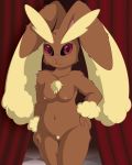  anthro breasts digital_media_(artwork) female fur hi_res infamousrel lagomorph long_ears looking_at_viewer lopunny mammal navel nintendo nipples nude pok&eacute;mon pok&eacute;mon_(species) pokeandpenetrate pussy red_eyes simple_background solo standing video_games 