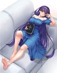  1girl absurdres bare_shoulders barefoot bible_(object) blue_dress blue_eyes blush book breasts collarbone commission couch dress fate/grand_order fate_(series) highres holding holding_book ianzky large_breasts long_hair looking_at_viewer lying martha_(fate) off-shoulder_dress off_shoulder on_back on_couch open_mouth purple_hair short_sleeves solo toes very_long_hair 
