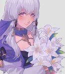  1girl absurdres bouquet closed_mouth commission detached_collar dress fire_emblem fire_emblem:_three_houses flower gold_trim grey_background hair_between_eyes hair_ornament highres holding holding_bouquet kokomi_(aniesuakkaman) lips long_hair looking_at_viewer lysithea_von_ordelia mixed-language_commentary pink_eyes pink_lips purple_dress simple_background smile solo veil white_flower white_hair white_sleeves 