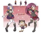  1boy 1girl black_gloves blush boots crossdressing flower gloves hat james_(pokemon) jessie_(pokemon) looking_at_viewer love_live! meowth military_hat military_uniform one_eye_closed otoko_no_ko pokemon pokemon_(anime) purple_skirt ribbon rose skirt sparkle sparkle_background team_rocket thighhighs uniform white_gloves white_thighhighs 