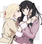  2girls atenaba black_bow black_hair blonde_hair bow braid brown_coat closed_mouth coat commentary eye_contact french_braid fur-trimmed_coat fur-trimmed_sleeves fur_trim grey_background hair_bow hair_ribbon hashtag_only_commentary highres holding_hands inoue_takina long_hair long_sleeves looking_at_another lycoris_recoil medium_hair multiple_girls nishikigi_chisato parted_lips pink_coat purple_eyes red_eyes red_ribbon ribbon smile upper_body white_background yuri 