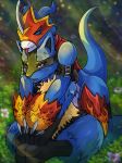  2018 absurd_res ambiguous_gender anthro armor blue_fur blue_skin bottomless canine claws clothed clothing crossover cute digimon duo eyes_closed flamedramon fur hi_res hug hugging_from_behind lucario mammal mask nintendo nude outside pok&eacute;mon pok&eacute;mon_(species) red_eyes scalie sitting tongue tongue_out unconvincing_armor video_games zeitzbach 