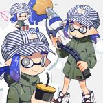  1boy blue_hair blue_headwear bright_pupils chibi chibi_inset closed_mouth commentary cross-laced_footwear cup dot_nose drink drinking_straw green_jacket grey_background grey_eyes hat hg_swdiary highres holding holding_drink holding_weapon inkbrush_(splatoon) inkling inkling_boy inkling_player_character jacket looking_at_viewer male_focus medium_hair multiple_views open_mouth pointy_ears shoes sitting smile splatoon_(series) splatoon_3 striped_clothes striped_headwear symbol-only_commentary tentacle_hair thick_eyebrows weapon white_footwear white_headwear white_pupils 