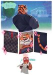 blush blushing_male close-up clothing comic detailed_background duo epic_games felid food food_creature for_a_head fortnite hi_res holding_map male mammal mancake_(fortnite) object_head oscar_(fortnite) pantherine sheepdan2 smile smirk sparkles suit_and_tie sweater tail text tiger topwear