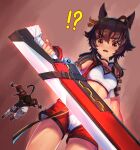 !? 1boy 1girl ahoge animal_ears bandeau bitter_glasse_(umamusume) breasts brown_eyes brown_hair choker cowboy_shot crop_top cropped_jacket crossover guilty_gear guilty_gear_strive highres holding holding_sword holding_weapon hood hooded_jacket horse_ears horse_girl jacket looking_down medium_hair open_clothes open_jacket open_mouth red_background red_eyes red_shorts rokusuijo shirt shorts small_breasts sol_badguy solo_focus standing sword umamusume v-shaped_eyebrows weapon white_shirt 