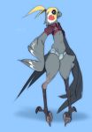  anthro avian barefoot beak bird blue_background clothed clothing feathered_wings feathers female grey_beak midriff navel simple_background smile solo wide_hips wings xenoda 