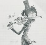  1boy afro black_hair brook_(one_piece) from_side graphite_(medium) hand_up hat highres holding holding_instrument holding_violin instrument layered_sleeves male_focus music one_piece photo_(medium) playing_instrument profile shalay_tanza18 short_hair skeleton solo suit top_hat traditional_media upper_body violin 