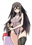  1girl alternate_costume black_hair blush breasts brown_eyes brown_hair carrying cooler girls&#039;_frontline green_hair h_earth highleg large_breasts long_hair looking_at_viewer m4a1_(girls&#039;_frontline) multicolored_hair one-piece_swimsuit single_thighhigh smile solo streaked_hair swimsuit thighhighs 