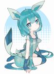  animal_ears aqua_eyes aqua_hair arched_back arm_support arm_warmers blue_arm_warmers blue_thighhighs bright_pupils closed_mouth commentary_request full_body glaceon green_shorts highres light_blush long_hair looking_at_viewer low_twintails no_shoes personification pokemon ribbed_thighhighs sakutake_(ue3sayu) shirt short_shorts short_sleeves shorts sitting tail thighhighs twintails very_long_hair white_pupils yokozuwari 
