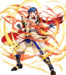  1boy alear_(engaging_fire)_(fire_emblem) attack black_footwear blue_eyes blue_gloves blue_hair cape circletewhite_cape clenched_hand fire_emblem fire_emblem_engage gloves gold_trim heterochromia highres mikurou_(nayuta) multicolored_cape multicolored_clothes non-web_source official_alternate_costume open_mouth pelvic_curtain red_cape red_eyes red_hair scroll solo upper_body white_cape 