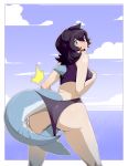  2016 bikini black_hair blue_eyes blush breasts butt clothing cloud detailed_background female hair hand_on_breast humanoid looking_at_viewer materclaws navel open_mouth sea shark_humanoid short_hair solo standing swimsuit tail_growth torn_clothing transformation water 