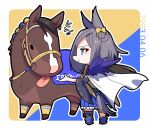  1girl air_groove_(racehorse) air_groove_(umamusume) animal_ears birthday black_hair blue_eyes blue_skirt bow braid bridle cape chibi commentary_request creature_and_personification dated ear_bow ear_chain eyeliner fur_trim highres horse_ears horse_girl horse_tail makeup medium_hair outline outside_border pleated_skirt race_bib real_life red_eyeliner ribbon-trimmed_sleeves ribbon_trim single_thighhigh skirt tail tail_through_clothes takatsuki_nato thighhighs tongue tongue_out translation_request two-tone_background umamusume white_cape wide_sleeves yellow_bow 