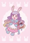  adapted_costume animal_ears animal_print basket blonde_hair blush blush_stickers bow brown_hair bunny_ears bunny_print commentary_request cross-laced_clothes cross-laced_footwear easter easter_egg egg gradient_hair highres hijiri_byakuren layered_clothing long_hair multicolored_hair obakeneko purple_hair simple_background smile solo touhou wavy_hair yellow_eyes 