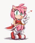  1girl ame_(beeames) amy_rose artist_name boots bracelet closed_mouth dress eyelashes furry furry_female gloves gold_bracelet green_eyes hairband hand_up heart hedgehog_girl highres jewelry looking_at_viewer red_dress red_footwear red_hairband short_dress simple_background sketch sleeveless sleeveless_dress smile solo sonic_(series) split_mouth squatting twitter_username v white_background white_gloves 