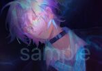  1boy bishounen black_background black_choker black_jacket blue_eyes blue_hair choker closed_mouth collarbone collared_shirt earrings expressionless eyelashes feather_earrings feathers flower_earrings highres jacket jewelry lips looking_at_viewer male_focus open_clothes open_jacket original sample_watermark shirt short_hair simple_background solo sweater_vest upper_body vest watermark white_shirt white_vest yanmian_(printemps-noir) 