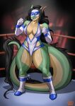 anthro big_breasts black_hair boots breasts cleavage clothed clothing crassir female fighting_pose fighting_ring fist footwear hair hi_res long_hair long_tail mask pose raised_arm raised_fist scalie solo tail tail_tuft thick_thighs tuft wrestler wrestling