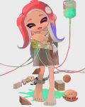  1girl barefoot blue_hair chain chained_legs closed_eyes colored_skin commentary full_body gradient_hair green_skin grey_shirt head_tilt highres intravenous_drip li04r long_hair multicolored_hair octoling octoling_girl octoling_player_character open_mouth red_hair shirt simple_background solo splatoon_(series) standing tentacle_hair thick_eyebrows toy two-tone_hair white_background 