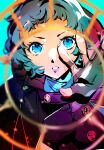  1girl absurdres aqua_hair aqua_sweater arm_up black_jacket blue_eyes blurry blurry_foreground buttons from_above highres jacket looking_at_viewer mina_(mina_st4r) outstretched_hand parted_lips persona persona_3 persona_3_reload pink_lips short_hair solo sweater turtleneck turtleneck_sweater upper_body yamagishi_fuuka 