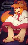 accessory anthro bodily_fluids bottomwear bow_ribbon breath canid canine ceroba_(undertale_yellow) chest_tuft clothing clover_(undertale_yellow) duo english_text extreme_size_difference feet female floppy_ears fluffy fluffy_tail foot_fetish foot_focus fox hair hair_accessory hair_bow hair_ribbon hi_res hindpaw human intersex intersex/female macro mammal mature_female micro mukaxslivka orange_hair panting pawpads paws ribbons sexy_eyes sitting size_difference skirt sweat sweatdrop sweaty_feet tail text tired tuft undertale undertale_(series) undertale_yellow white_clothing