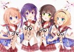  4girls :d absurdres alternate_costume azunyan bag black_hairband black_ribbon blonde_hair blue_eyes brown_hair collarbone flower gochuumon_wa_usagi_desu_ka? green_eyes hair_flower hair_ornament hairband hairclip highres hoto_cocoa hoto_cocoa&#039;s_school_uniform kirima_syaro light_brown_hair long_hair medium_hair miniskirt multiple_girls neck_ribbon pink_flower plaid plaid_sailor_collar plaid_skirt pleated_skirt purple_eyes purple_hair red_sailor_collar red_skirt ribbon sailor_collar sailor_shirt school_bag school_uniform shirt skirt smile tedeza_rize twintails very_long_hair white_shirt 