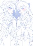  2girls blue_theme blunt_bangs bow bowtie brooch capelet censored cleft_of_venus clothes_lift commentary crown cure_lillian cure_nyammy dress dress_bow dress_lift elbow_gloves frown gloves hair_bow hairband half-closed_eyes half_gloves hat heart heart_brooch highres jewelry lifted_by_self long_hair magical_girl mini_crown mini_hat mini_top_hat miyagoe_yoshitsuki monochrome mosaic_censoring multiple_girls nekoyashiki_mayu nekoyashiki_yuki no_panties parted_lips precure pussy short_dress side_ponytail sleeveless sleeveless_dress smile spot_color standing top_hat wonderful_precure! 