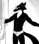 annoyed anthro athletic athletic_male black_and_white black_body black_fur black_tail briefs briefs_only bulge cheek_tuft clenched_teeth clothed clothing countershade_neck countershading dressing eyewear facial_tuft fur glasses gulonine hi_res illegaleel inner_ear_fluff jack_salem locker locker_room male mammal marten monochrome multicolored_body multicolored_fur mustelid musteline pince-nez sable_(marten) solo standing tail teeth topless topless_male tuft two_tone_body two_tone_fur underwear underwear_only whiskers white_body white_fur
