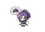  1boy 1girl blush chibi chibi_only closed_eyes closed_mouth dress fingerless_gloves fir_(fire_emblem) fire_emblem fire_emblem:_the_binding_blade full_body gloves hands_on_own_cheeks hands_on_own_face highres long_hair mogana_zo noah_(fire_emblem) ponytail purple_eyes purple_hair thought_bubble white_background 