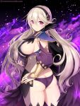  1girl alternate_costume ass black_background black_cape black_feathers black_hairband black_panties bodystocking breasts butt_crack cape cleavage commentary_request corrin_(female)_(fire_emblem) corrin_(fire_emblem) dark_mage_(fire_emblem_fates) feathers fire fire_emblem fire_emblem_fates grey_hair hair_ornament hairband highres kashiwamochi_yomogi large_breasts long_hair long_sleeves looking_at_viewer looking_back panties pointy_ears purple_fire red_eyes sideboob simple_background solo twitter_username underwear 