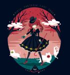  1girl animal ascot black_border black_dress black_footwear black_jacket border cane cat cloud copyright_name dress drill_hair frilled_dress frills gloves grass grave green_gloves green_hair hat holding holding_cane index_finger_raised jacket long_sleeves monster multicolored_hair nona_drops original pixiv_fantasia pixiv_fantasia_last_saga puffy_long_sleeves puffy_sleeves red_ascot red_footwear red_hair red_sky shadow sky smile sparkle standing top_hat tree twin_drills twintails two-tone_hair yellow_eyes 