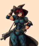  adjusting_clothes adjusting_headwear armor assault_rifle eyepatch gloves green_eyes gun hat highres kabewski long_hair muscular muscular_female original pauldrons red_hair rifle shoulder_armor signature skirt smile teeth weapon witch witch_hat 
