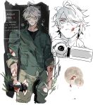 1boy alhaitham_(genshin_impact) blood blood_on_arm blood_on_hands camera closed_mouth collared_shirt genshin_impact glasses green_shirt grey_hair hair_over_one_eye highres holding holding_camera mmme0709 shirt short_hair solo white_background 